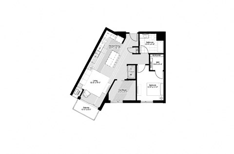 Floor plan for 1 bed, 1 bath, 870 sqft